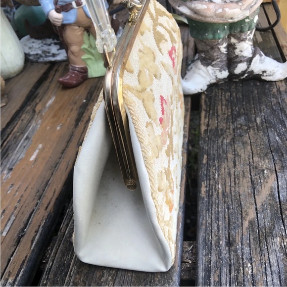 Floral Tapestry Burned Velvet Carpet Bag Purse Lucite Vintage Pink Green 50s 60s - Picture 2 of 10